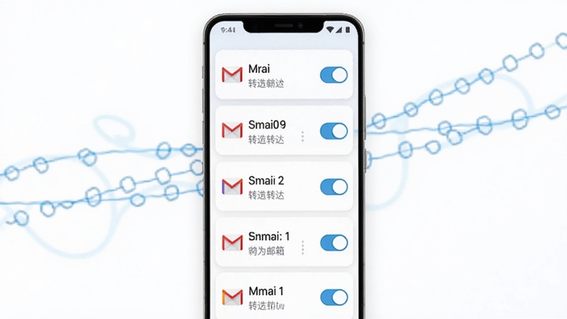 全能邮箱转发多账号管理功能展示图,画面中一部安卓手机屏幕显示多个邮箱账号卡片纵向排列,每张卡片带有邮箱图标和转发开关,背景为简洁白色配淡蓝色装饰线条,整体风格清爽商务,适配Boogu模型生成