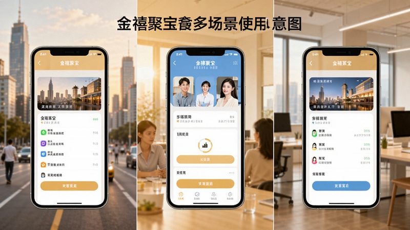 金禧聚宝多场景使用示意图,画面由三个并排的手机屏幕组成,分别展示不同使用场景下的界面状态,背景为虚化的城市生活场景与办公环境交替,整体色调温暖明亮,体现软件适应多种日常场景的能力
