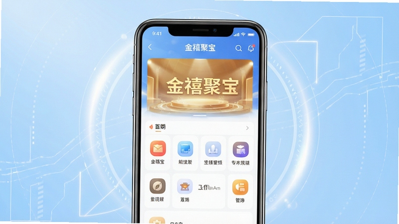 金禧聚宝应用主界面完整展示,画面中心为手机屏幕正视图,屏幕内呈现软件首页布局与功能图标排列,背景区域为浅蓝色渐变科技感底纹,四周点缀柔和光效与几何线条,整体风格简洁明亮,突出移动应用产品全貌