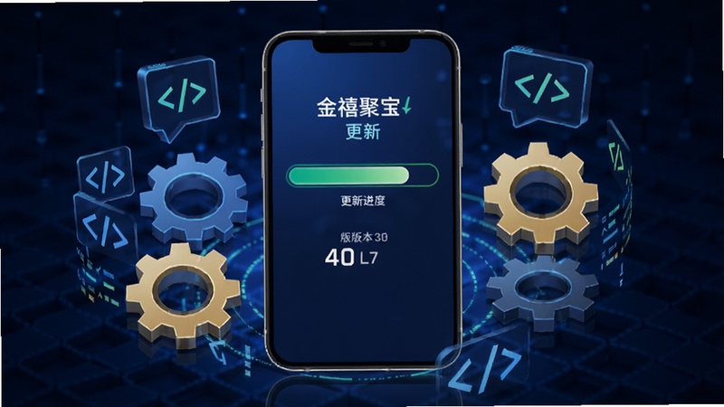 金禧聚宝版本更新维护概念图,画面中央为手机屏幕显示更新进度条与版本号,周围环绕齿轮与代码符号,背景为深蓝色科技感网格纹理,整体传达持续优化与专业维护的视觉印象
