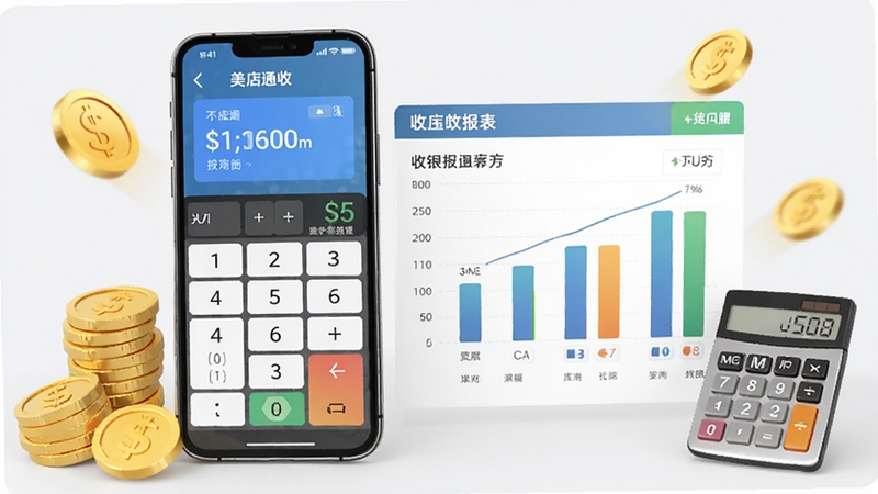 美店通收银与报表界面示意图,画面中展示手机屏幕上的收银键盘和柱状图报表,周围有金币和计算器元素,背景为浅灰色,突出财务数据的专业感。