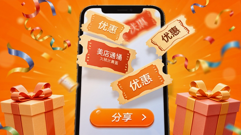 美店通营销活动界面示意图,画面展示手机屏幕上飘落的优惠券和分享按钮,周围有礼物盒和庆祝彩带,背景为明亮的橙色渐变,营造热闹的促销氛围。