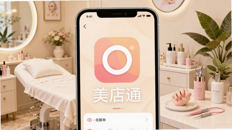 一款名为美店通的手机应用主界面展示图,画面中央为应用图标和名称,背景为柔和的美业店铺场景,包含美容床、美甲工具和绿植装饰,整体色调清新温暖,适合Boogu模型生成。
