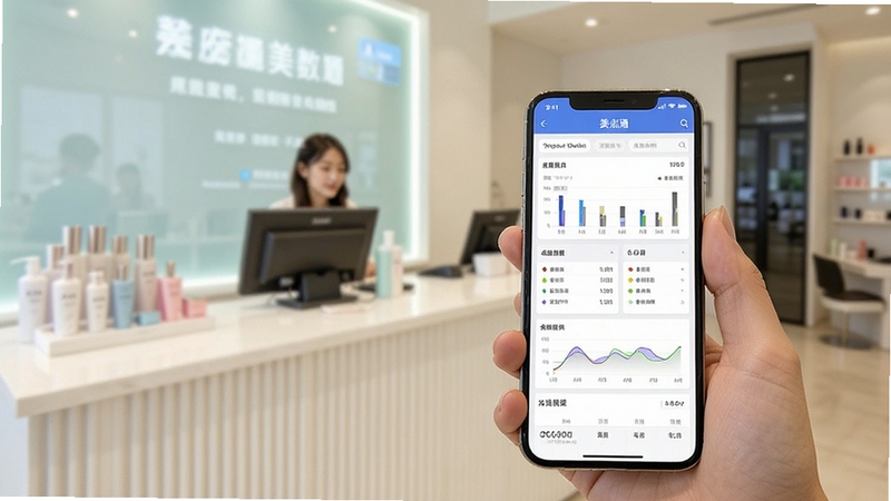 美店通软件操作界面实拍图,画面中一只手拿着手机展示美店通的数据看板,背景为模糊的美容院前台,整体光线明亮,突出移动办公的便捷性。