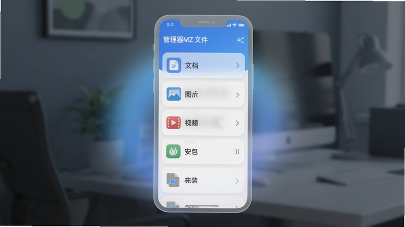 一款名为管理器MZ文件的安卓应用界面展示,画面主体位于正中央,以半透明磨砂玻璃质感的手机屏幕为背景,屏幕内显示分类清晰的文件目录列表,包括文档、图片、视频、安装包等图标,色彩以蓝白为主调,辅以柔和的渐变光效,整体风格现代简洁,突出文件管理器的功能属性与科技感