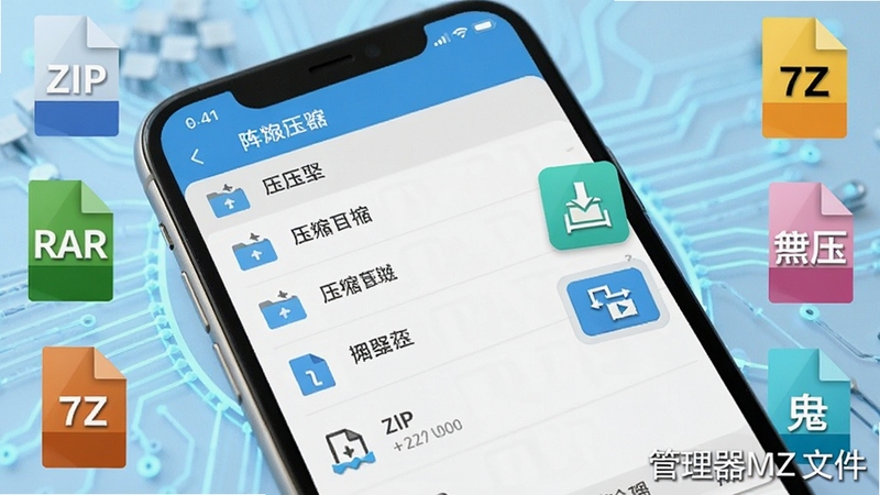 管理器MZ文件应用内压缩包管理功能界面,画面主体为手机屏幕特写,屏幕中央展示一个已打开的压缩包文件列表,旁边有解压和压缩的按钮图标,背景为淡蓝色科技纹理,四周环绕着ZIP、RAR、7Z等格式标签,整体色调清爽,突出文件压缩与解压的便捷性,软件名称管理器MZ文件以水印形式出现在右下角