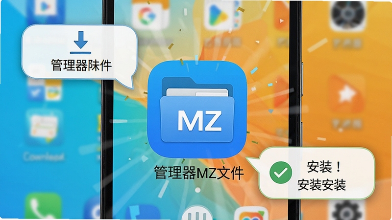 管理器MZ文件下载安装完成后的手机桌面展示图,画面主体为一部安卓手机,屏幕中央显示管理器MZ文件的应用图标,图标呈蓝色文件夹样式,背景为简洁的桌面壁纸,周围有下载完成和安装成功的提示气泡,整体风格明快,突出软件安装成功的喜悦感,软件名称管理器MZ文件清晰可见