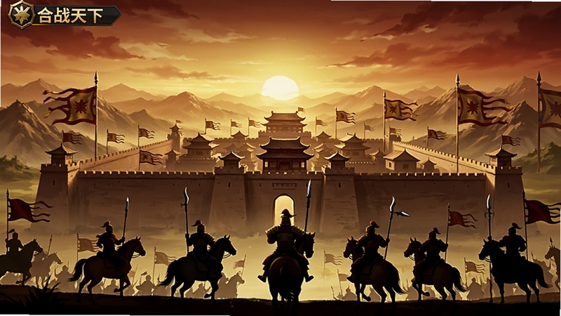 合战天下游戏主界面全景展示,画面中央是气势恢宏的三国城池,城墙高耸旌旗飘扬,背景是连绵山脉与落日余晖,前景有武将骑马持枪的剪影,整体色调为暖金与暗红交织,突出策略战争氛围
