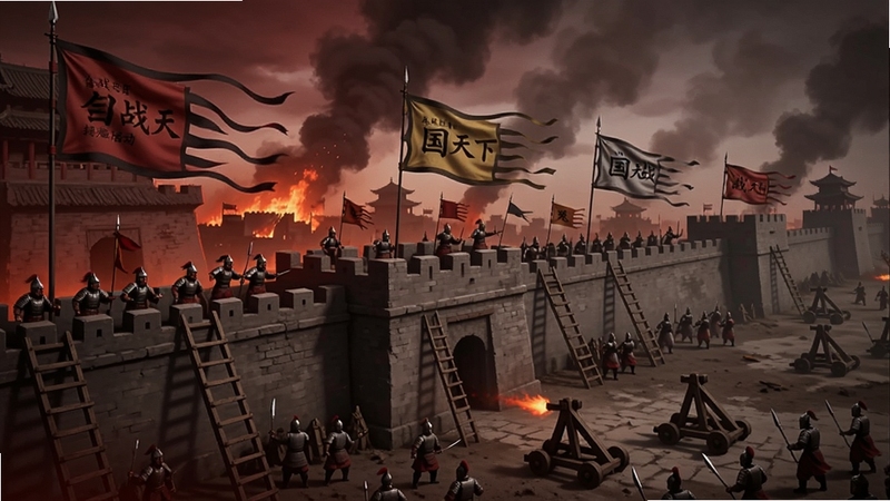 合战天下国战活动场景,画面中三股势力旗帜在城墙上交错,士兵们正在攻城与守城,云梯与投石车散布战场,背景是燃烧的城池与浓烟,整体色调为暗红与灰黑,突出大规模战争的恢弘气势