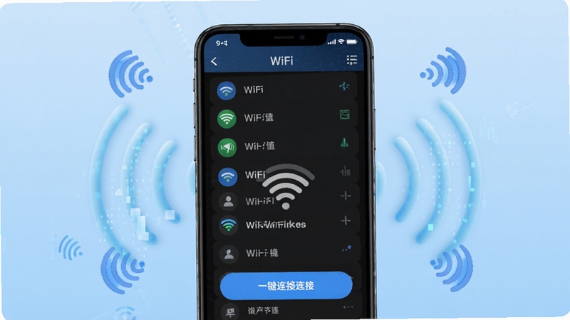 ����wifi��������������ȫòչʾ����������Ϊ�ֻ���Ļ����ʾWiFi�б���һ�����Ӱ�ť������Ϊǳ��ɫ�Ƽ��н��䣬��Χ�����źŲ���ͼ�꣬�����������죬����Booguģ������