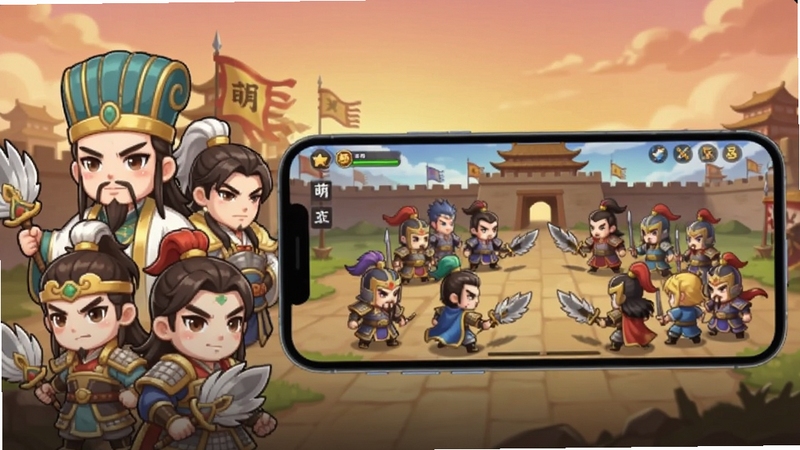 整体画面以萌战三国志手游为核心,画面中央偏右位置放置一部智能手机,手机屏幕内展示Q版三国武将列阵对战的游戏主界面,左侧区域绘制诸葛亮、赵云等萌化武将半身像,背景为古代城池剪影与暖色调天空,画面风格为二次元卡牌游戏宣传图,色彩明亮饱和,细节清晰,适配Boogu模型生成
