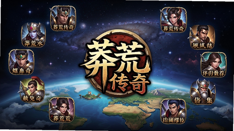 莽荒传奇同类游戏推荐合集封面图,画面展示多款热门角色扮演手游图标环绕排列,中心为莽荒传奇标志,背景为星空与大陆轮廓,风格统一大气