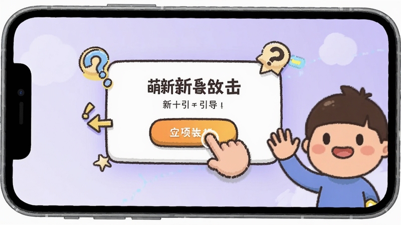 一个明亮简洁的手机屏幕界面,屏幕中显示卡通风格的新手引导弹窗,有手指图标指向操作按钮,周围环绕问号与箭头指示。背景为淡紫色渐变,画面右侧有一个微笑的卡通角色挥手示意,整体风格清爽友好,体现萌新出击新手引导的易用性。