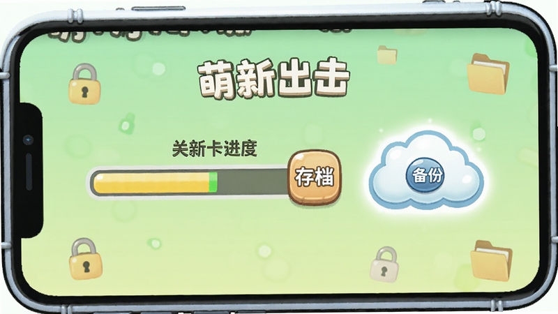一个卡通风格的手机界面截图,屏幕中央显示萌新出击的关卡进度条与存档图标,旁边有一个云朵形状的备份按钮发出柔和光芒。背景为浅绿色渐变,点缀小锁和文件夹元素,整体风格清新简洁,突出进度保存与数据安全意识。