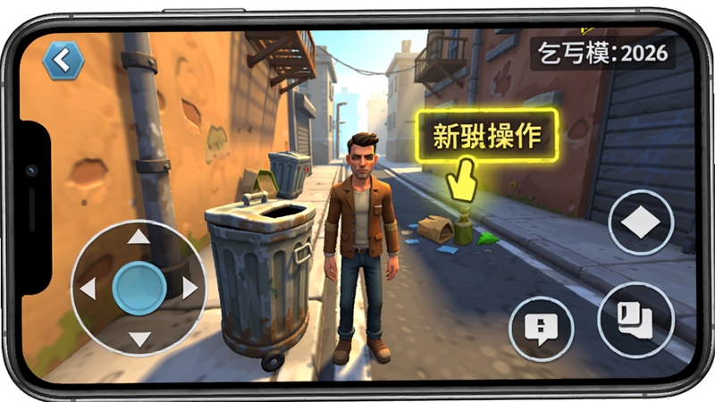 乞丐模拟器2026新手操作界面指引图,画面展示手机屏幕内游戏虚拟摇杆与交互按钮布局,角色站在垃圾桶旁,旁边有高亮提示点击拾取,背景为清晨的城市小巷,色彩明亮清晰,适合教程配图