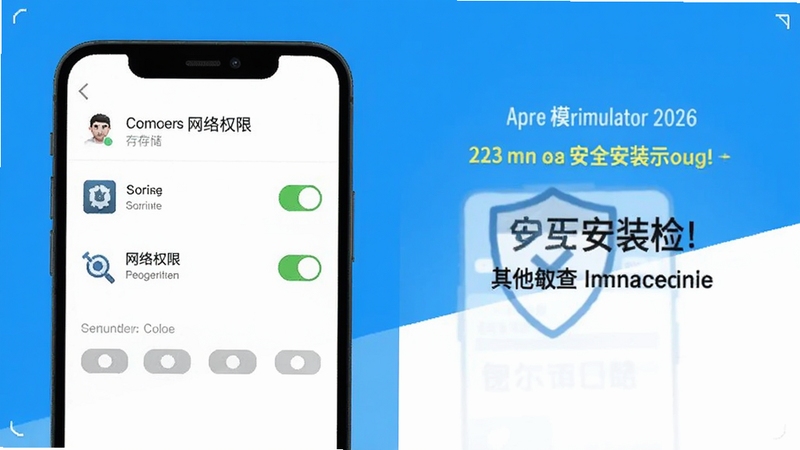乞丐模拟器2026手机端安全安装检查示意图,画面展示手机屏幕上应用权限管理界面,存储与网络权限已开启,其他敏感权限显示为灰色关闭状态,背景为简洁的蓝白配色,突出安全提示氛围