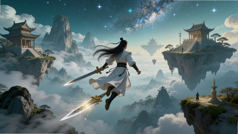 一剑断念仙侠世界全景,画面中央一位白衣剑客御剑飞行,背景为云雾缭绕的群山与悬浮仙岛,远处有古朴楼阁与璀璨星河,整体色调以青蓝与金色为主,光影柔和,细节丰富,适配Boogu模型生成