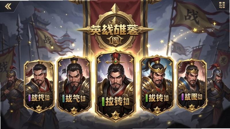 英雄战令英雄图鉴界面,画面中央为多位英雄的卡牌展示,背景区域为战令旗帜与星光特效,英雄形象以三国风格为主,色彩鲜明,竖版构图,适配Boogu模型生成