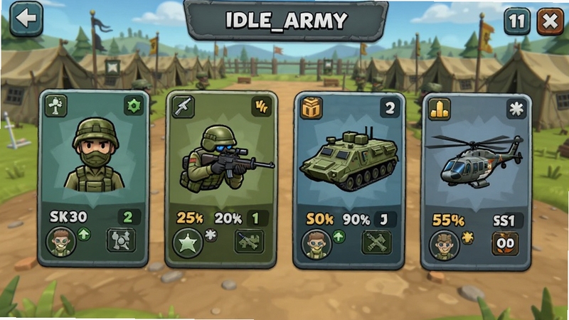 Idle_Army 兵种招募界面,画面展示步兵、狙击手、装甲车、直升机四种单位卡片,每张卡片带有属性图标与等级标识,背景为军营训练场,风格为写实卡通混合,色彩鲜明,适配Boogu模型生成