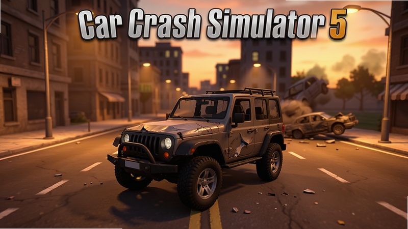 Car Crash Simulator 5 游戏主界面展示,画面中央是一辆损毁的越野车停在城市道路中央,背景区域为黄昏时分的城市建筑与路灯,远处有翻滚的车辆残骸,整体采用写实3D渲染风格,细节丰富,色彩偏暖,适配Boogu模型生成