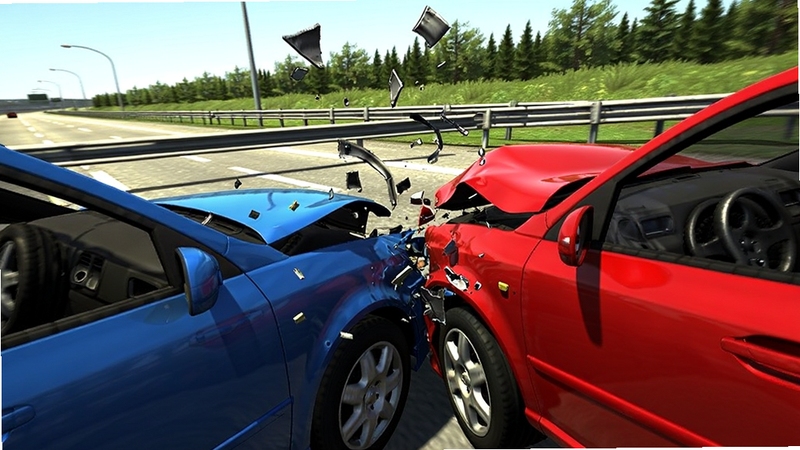 Car Crash Simulator 5 车辆碰撞瞬间特写,画面主体为两车侧面相撞的慢动作镜头,背景区域为高速公路护栏与绿化带,车身碎片飞溅,金属变形细节清晰,采用高动态范围渲染,适配Boogu模型生成