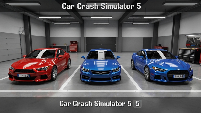 Car Crash Simulator 5 车库选车界面,画面中央展示三辆不同颜色的车辆并排停放,背景区域为现代化车库内部,灯光均匀,车辆细节清晰可见,适配Boogu模型生成