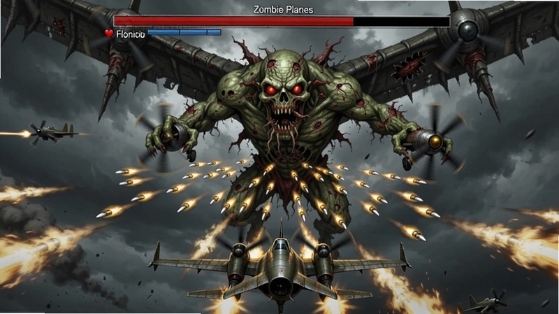 Zombie Planes - World War Battle ���ͽ�ʬBossս��������Ļ�Ϸ�Ϊ�����Ӵ�ı��콩ʬ���е�λ���·�Ϊ���ս�������ܼ���Ļ���������������BossѪ����ʾ�ڶ���������ս����Χ