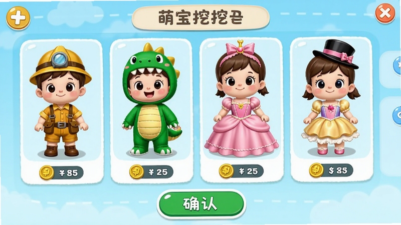 萌宝挖挖挖 角色装扮界面图,展示萌宝穿着不同风格服装的多个造型,包括矿工装、小恐龙装、公主裙等,界面布局清晰,每个造型旁边有解锁所需金币数量,底部有确认按钮,整体UI风格清新可爱