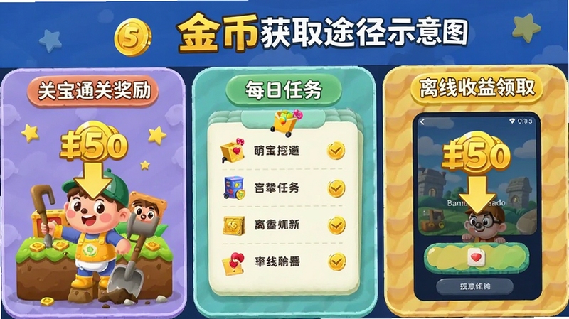 萌宝挖挖挖 金币获取途径示意图,画面分为三个区域分别展示关卡通关奖励、每日任务列表和离线收益领取界面,每个区域用箭头标注金币数量,整体信息图风格,清晰直观