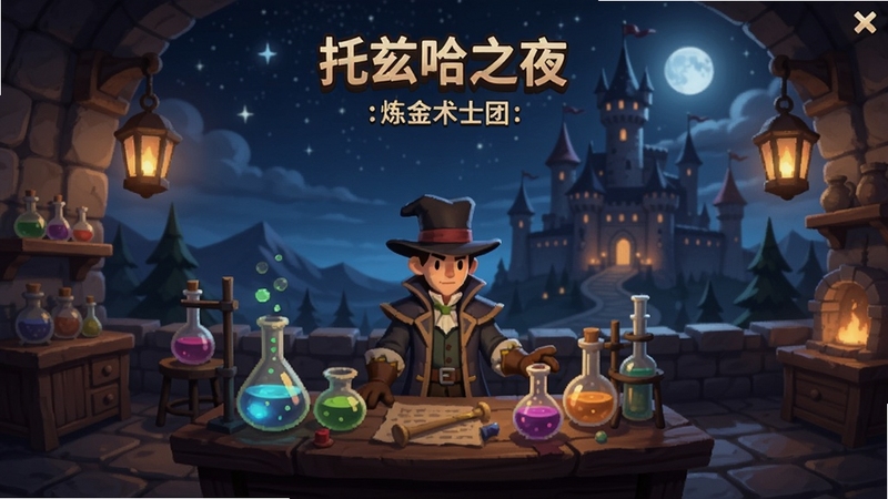 托兹哈之夜: 炼金术士团 游戏主界面全景展示,画面中央为炼金术士角色站在实验台前,背景是托兹哈夜晚的城堡与星空,暖色灯光与冷色月光交织,整体氛围神秘而宁静,适配Boogu模型生成