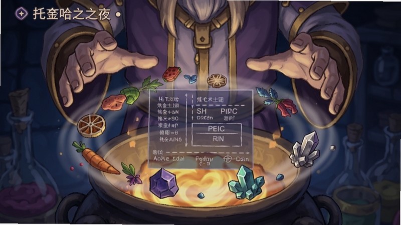 托兹哈之夜: 炼金术士团 炼金合成界面特写,角色双手悬浮在坩埚上方,各色药材与矿石围绕旋转,画面中心有半透明的配方图谱,整体色调以紫金与深蓝为主,细节丰富,适配Boogu模型生成