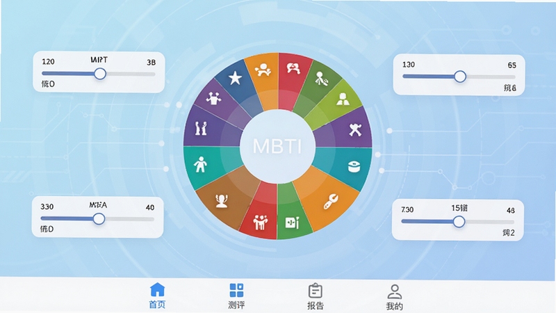 MBTI�Ը��������������ȫ��չʾ����������Ϊ��Ŀ��ʮ�����˸��ɫ����ͼ�����ܻ����ĸ�ά�Ȼ���ָʾ��������Ϊ��͵�ǳ������Ƽ��磬�ײ������������ɼ���ҳ�����������桢�ҵ��ĸ�ͼ�꣬���岼�ּ�����죬ͻ���Ը���Ժ��Ĺ���
