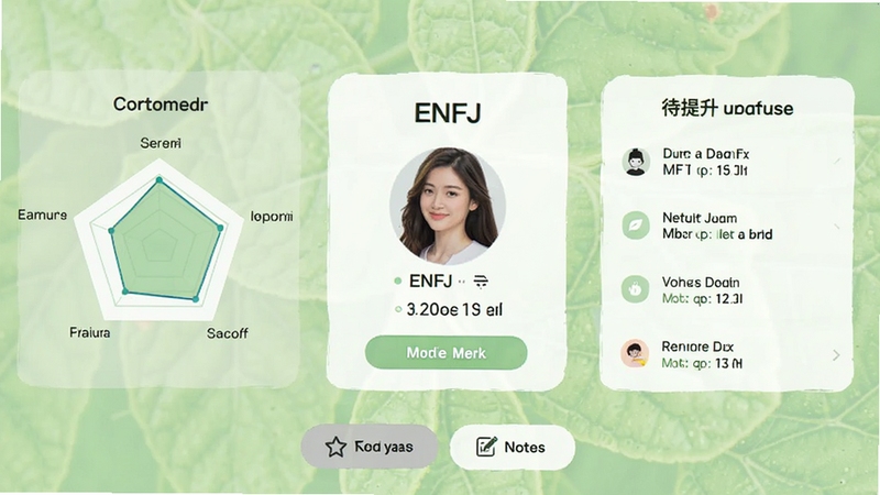 MBTI�Ը���Գɳ�����ģ����棬��������ΪENFJ���˸�Ĺ�ͨ���ɿ�Ƭ�����Ϊ�����״�ͼ���Ҳ�Ϊ���������б�������Ϊǳ��ɫ��Ȼ�������ײ����ղغͱʼǰ�ť�������Χ���»���