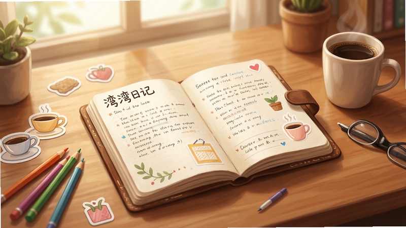湾湾日记 软件主界面 清新手账风格 画面中央展示一本翻开的精美日记本 周围环绕着彩色铅笔 贴纸 咖啡杯等元素 背景是暖色调的木质书桌 柔和光线从窗户洒入 整体氛围温馨安静 适合日记记录场景 高清细节 写实插画风格