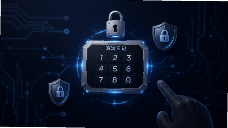 湾湾日记 密码锁界面 画面中央是一个精致的数字密码输入框 周围有锁形图标和盾牌元素 背景为深色渐变 突出安全感与私密性 整体风格简洁科技感 适合展示隐私保护功能