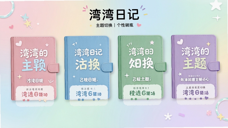 湾湾日记 主题切换界面 画面展示多款不同颜色的日记本封面和主题配色 有粉色 蓝色 绿色 紫色等 每款主题配有对应的字体样式预览 背景为柔和的渐变色彩 整体风格清新活泼 适合展示个性化功能