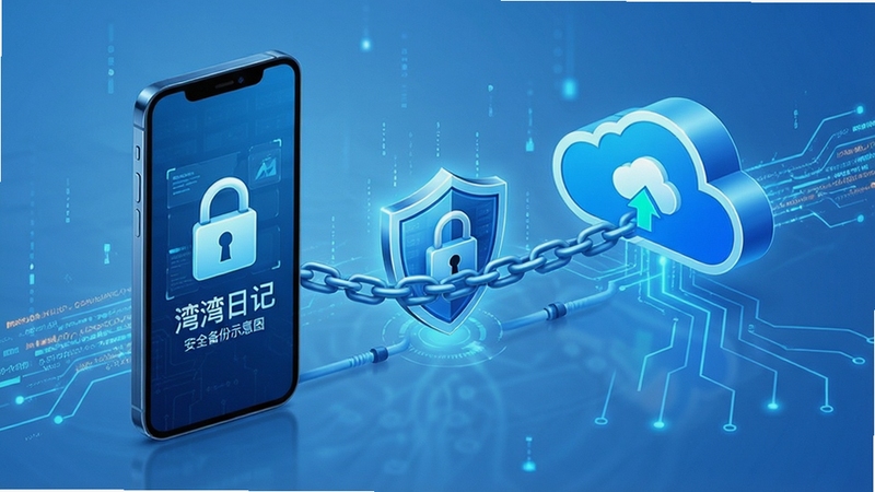 湾湾日记 安全备份示意图 画面展示一部手机与云端存储图标之间用盾牌和锁链连接 背景有数据流动的线条 突出安全备份概念 整体色调为蓝色科技风 适合展示数据保护功能