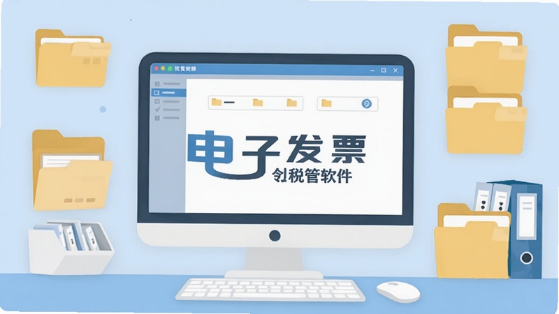 电子发票税管软件界面中批量下载发票列表与文件夹归档结构的扁平化插画,画面中央展示软件名称标识,背景为浅蓝色办公桌面场景,包含电脑屏幕与文件夹图标元素