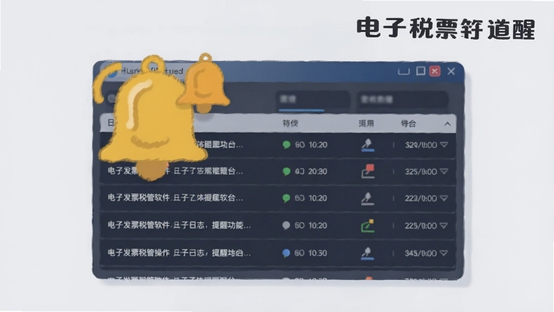 电子发票税管软件操作日志与提醒功能界面插画,画面主体为日志列表与铃铛提醒图标,软件名称位于画面右上角,背景为素雅浅灰色调