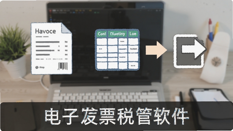 电子发票税管软件发票信息导出为表格的流程插画,画面中包含发票图标、表格图标与导出箭头,软件名称位于画面底部,背景为浅色办公桌面风格