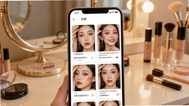 媚娇妆造软件内展示多款妆容模板的界面截图风格画面,画面主体为手机屏幕中排列整齐的妆容卡片,卡片上展示不同风格的女性妆容效果,背景区域为浅色梳妆台桌面,摆放着镜子与化妆品,整体色调温暖柔和,突出美妆模板的丰富多样