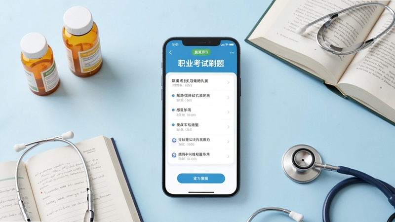画面中央展示一部智能手机,屏幕上显示职业考试刷题的题库练习界面,周围环绕着药瓶、书本、听诊器等考试相关元素,背景为浅蓝色渐变,整体风格清爽简约,突出移动学习场景
