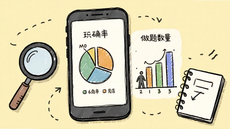 职业考试刷题软件数据统计页面手绘风格,手机屏幕显示正确率饼图和做题数量柱状图,旁边有放大镜和笔记本元素,背景为淡黄色,整体呈现学习数据分析的视觉氛围