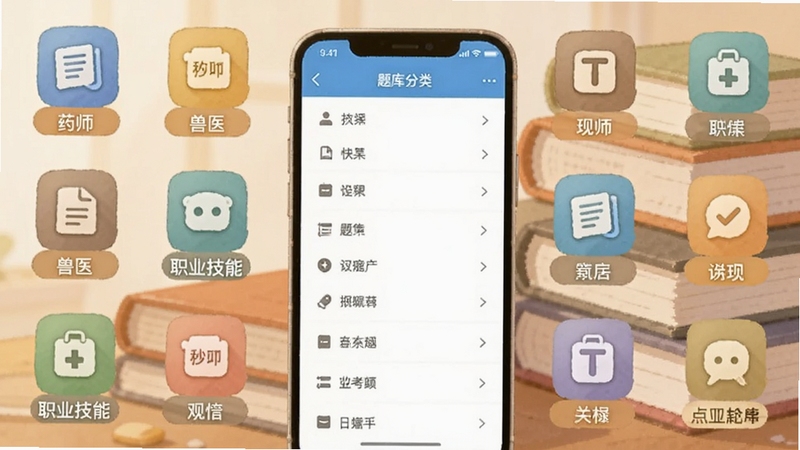 职业考试刷题软件界面截图风格插画,画面中多个考试科目图标整齐排列,包括药师、兽医、职业技能等标签,手机屏幕中央显示题库分类列表,背景为柔和的书本堆叠场景,整体色调温暖舒适