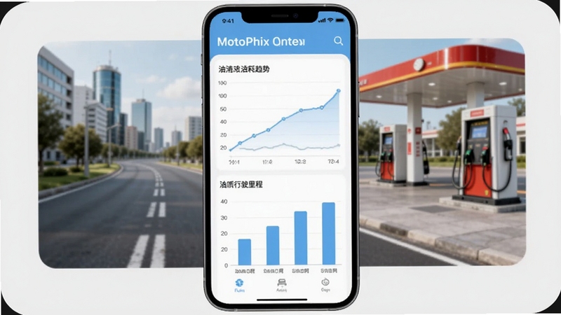 MotoPhix行程记录与油耗分析图表界面,画面展示手机屏幕中的折线图和柱状图,分别表示油耗趋势与行驶里程,背景为城市道路与加油站元素,主体坐标位于画面中央,四周留出浅灰色边框区域,整体风格清新简洁,以白色和浅蓝色为主色调,适配Boogu模型生成