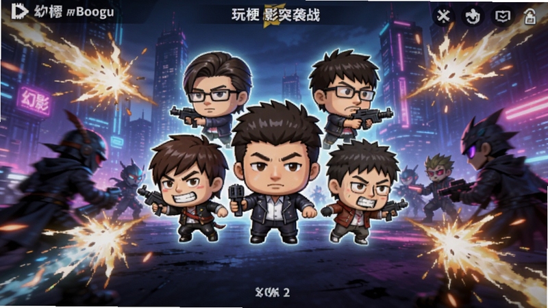 玩梗幻影突袭战 游戏主界面 中央悬浮着多位Q版梗角色 背景为霓虹闪烁的幻影战场 四周环绕突袭特效 整体色彩鲜艳 动感十足 适配Boogu模型生成