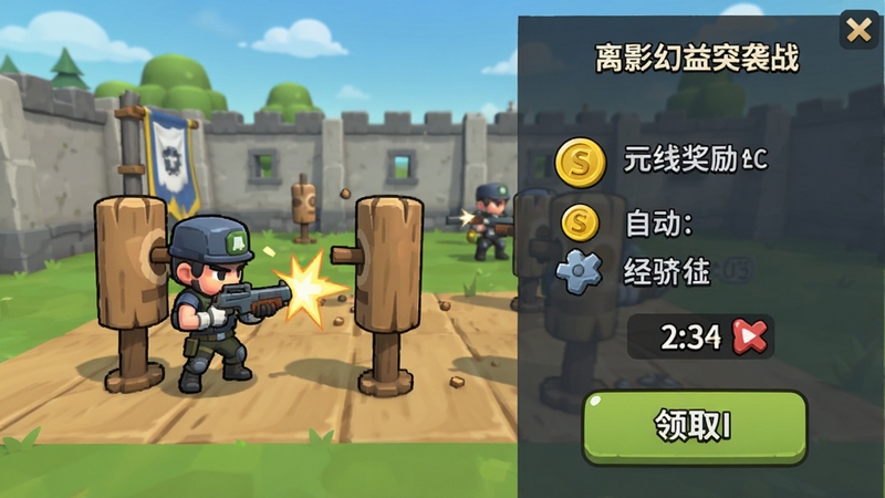 玩梗幻影突袭战 挂机收益界面 展示离线奖励金币和经验值 背景为训练场 角色在自动打木桩 界面带有领取按钮和倒计时 风格卡通简洁