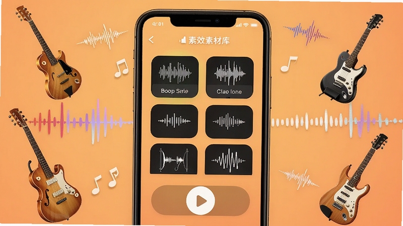 boop音效素材库界面截图,画面展示手机屏幕中排列整齐的音效分类标签和播放按钮,背景为柔和的暖橙色,屏幕周围漂浮着各种乐器与声音波形图案,体现素材丰富的特点