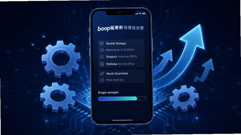 boop版本更新与优化示意图,画面展示手机屏幕中显示更新日志和进度条,背景为科技感十足的深蓝色,屏幕周围有齿轮和升级箭头图标,体现持续维护与性能提升