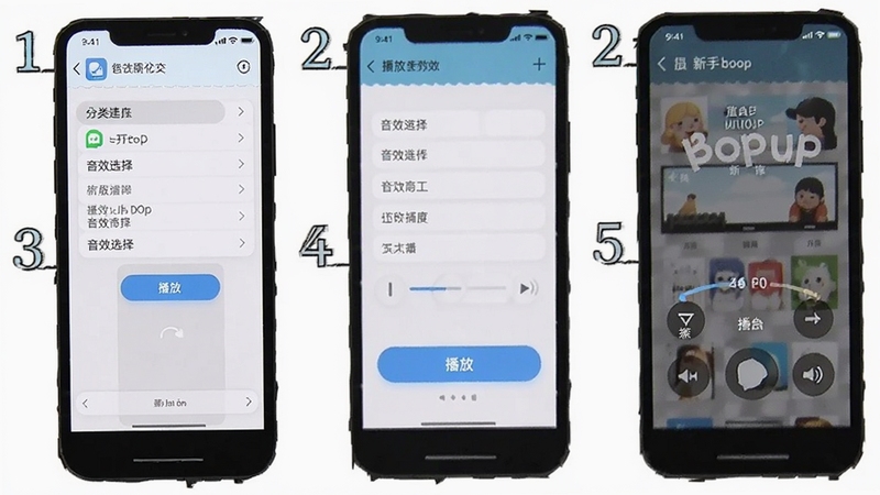 boop新手操作步骤图解,画面展示手机屏幕中从打开应用到播放音效的完整流程截图,包含分类点击、音效选择、播放按钮等界面,背景为白色,屏幕旁边有数字序号标注步骤,整体清晰直观